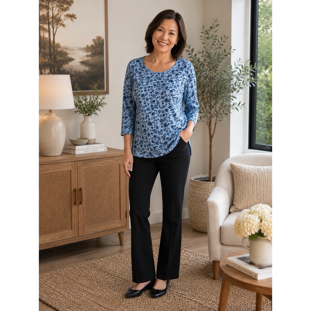 LL Bean Womens L Petite Supima Cotton Blue Floral 3/4 Sleeve Shirt Top -3656